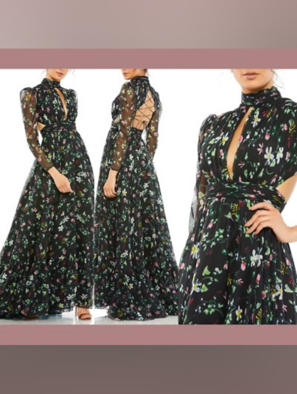 Mac Duggal Black Floral Chiffon lace up long Maxi Dress 2